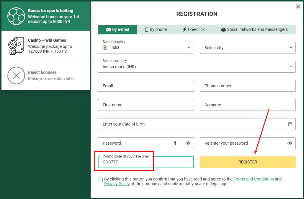 BetWinner registration
